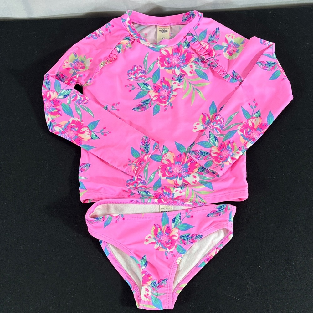 Old Navy Bright Pink Floral Long-Sleeve Rashguard Swim Set